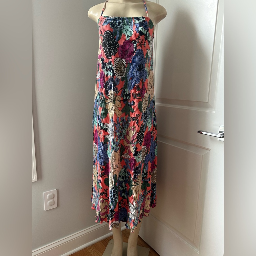 Anthropologie Coral and Teal Floral Dress